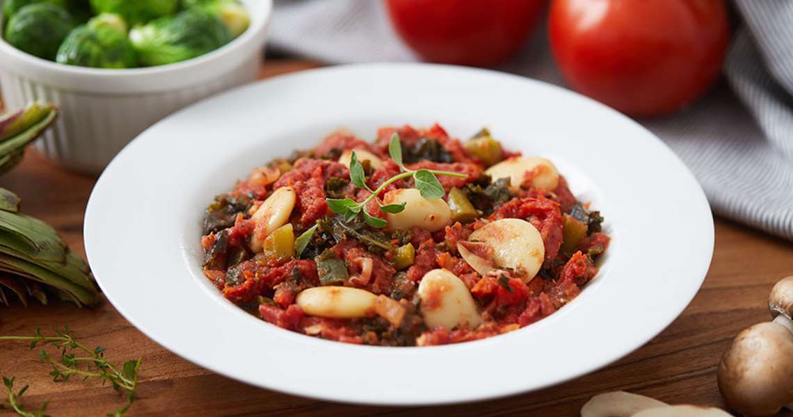 Butter Bean Ragu with Roasted Garlic Brussels Sprouts