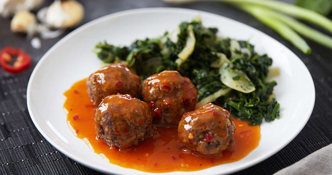 Beef Bulgogi Meatballs with Roasted Spinach and Onion