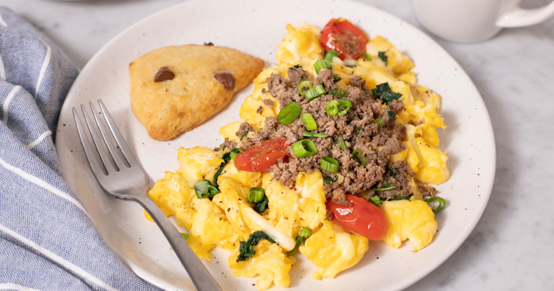 Egg & Tomato Scramble with Chicken Sausage Hash